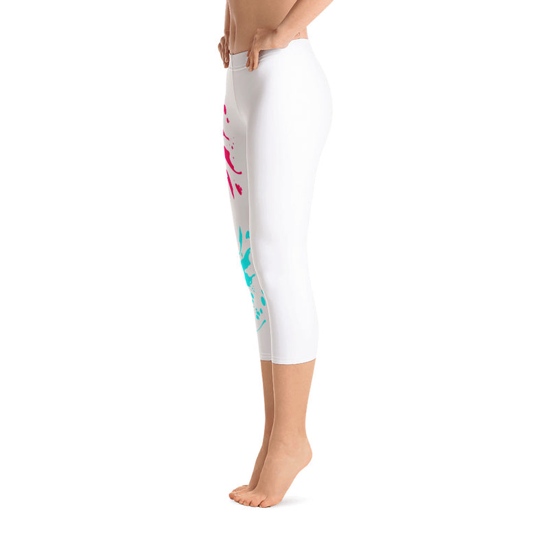 ‘Blessed’ White Multi-Color Paint Splatter Capri Leggings