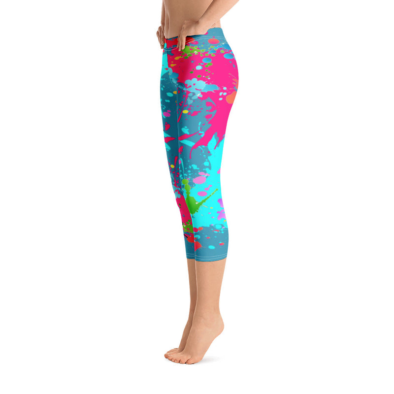 ‘Faithing It’ Aqua Multi-Color Paint Splatter Capri Leggings