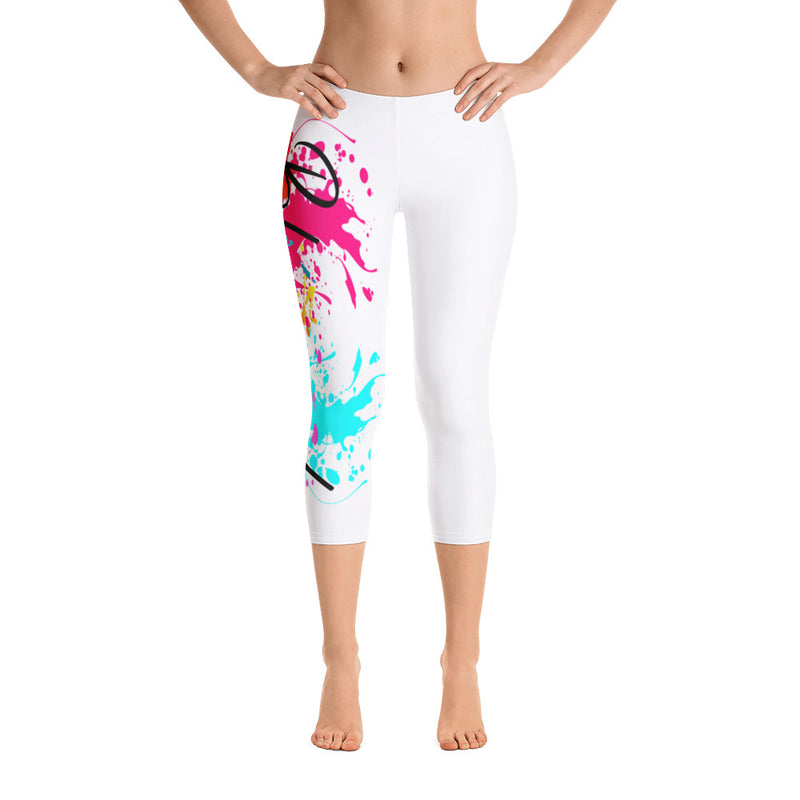 ‘Blessed’ White Multi-Color Paint Splatter Capri Leggings