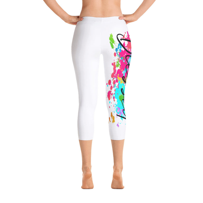 ‘Blessed’ White Multi-Color Paint Splatter Capri Leggings