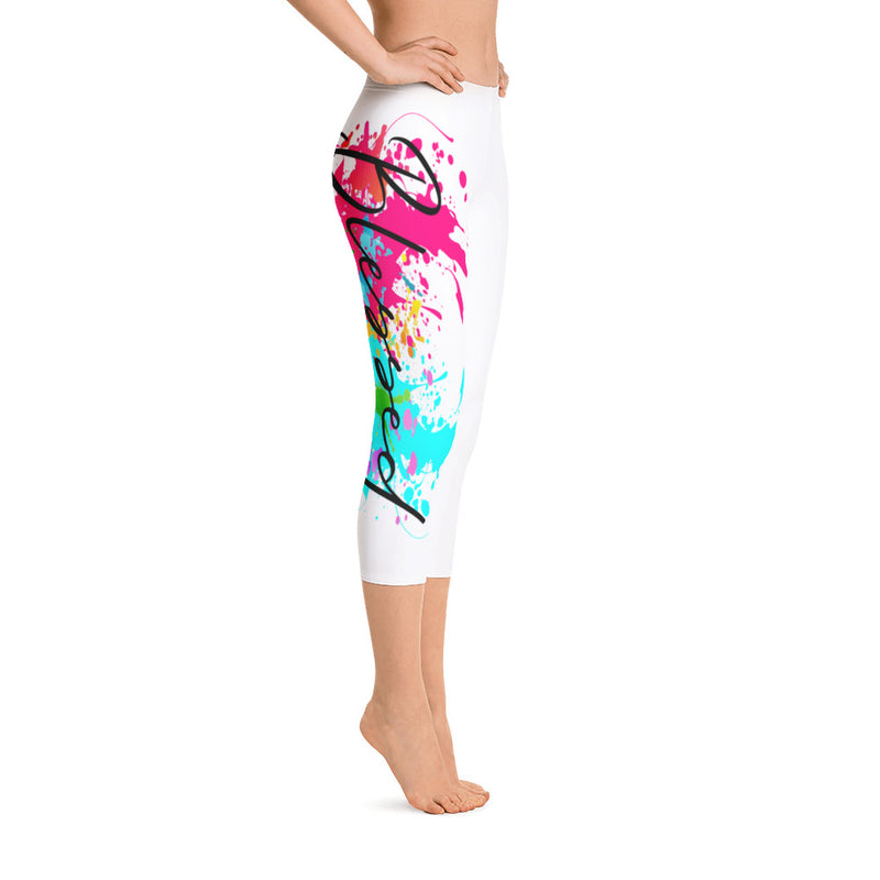 ‘Blessed’ White Multi-Color Paint Splatter Capri Leggings