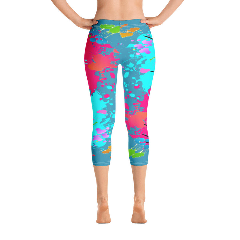 ‘Faithing It’ Aqua Multi-Color Paint Splatter Capri Leggings