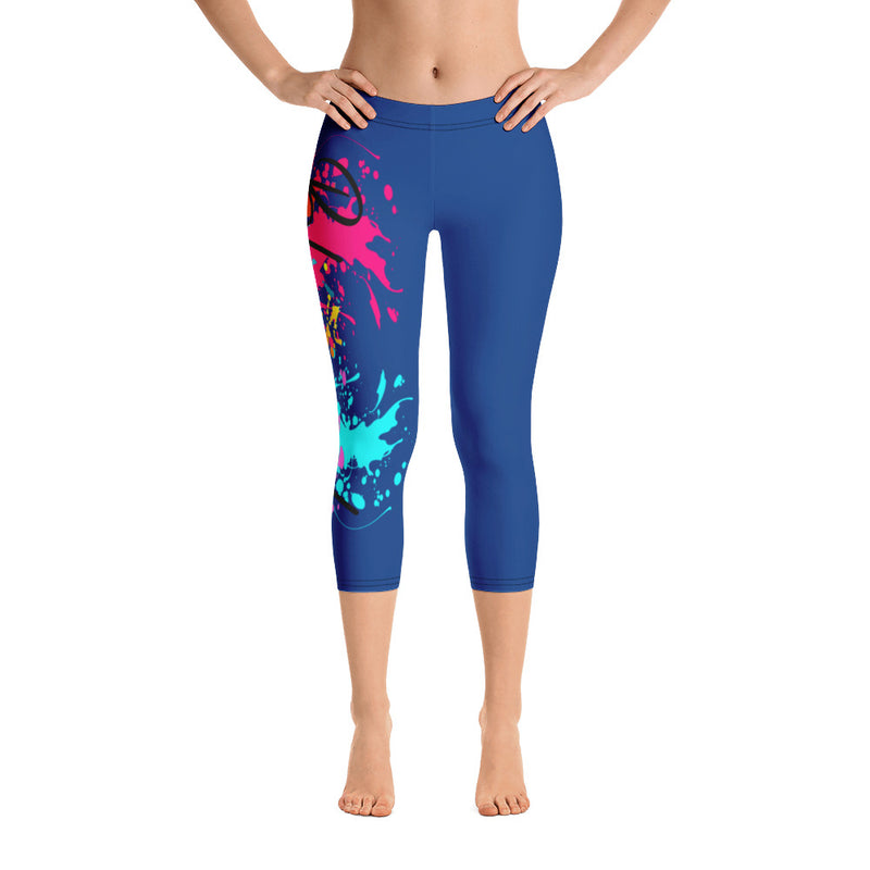 ‘Blessed’ Blue Multi-Color Paint Splatter Capri Leggings