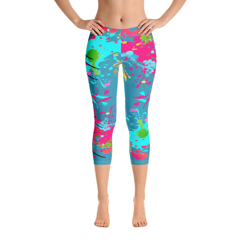 ‘Faithing It’ Aqua Multi-Color Paint Splatter Capri Leggings