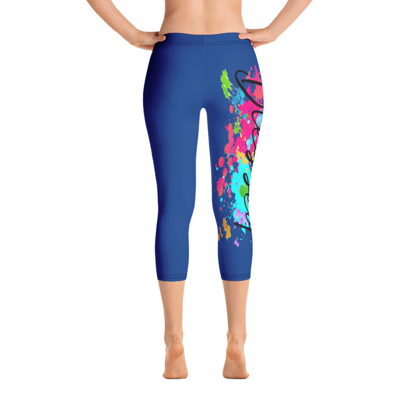 ‘Blessed’ Blue Multi-Color Paint Splatter Capri Leggings